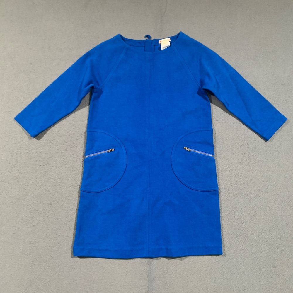 Crewcuts Shift Dress Girls 10 Blue 3/4 Sleeve Zip Pockets Cotton Knit Mod Retro